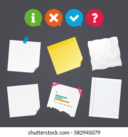 Business paper banners with notes. Information icons. Delete and question FAQ mark signs. Approved check mark symbol. Sticky colorful tape. Speech bubbles with icons. Vector