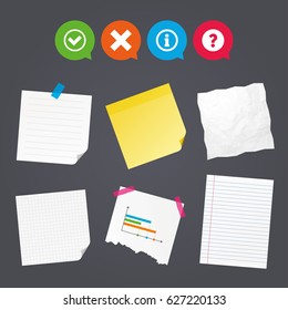 Business paper banners with notes. Information icons. Delete and question FAQ mark signs. Approved check mark symbol. Sticky colorful tape. Speech bubbles with icons. Vector