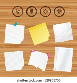 Business paper banners with notes. Light lamp icons. Circles lamp bulb symbols. Energy saving. Idea and success sign. Sticky colorful tape. Vector