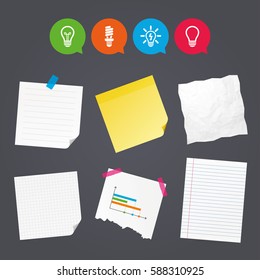 Business paper banners with notes. Light lamp icons. Fluorescent lamp bulb symbols. Energy saving. Idea and success sign. Sticky colorful tape. Speech bubbles with icons. Vector
