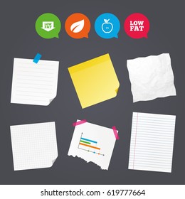 Business paper banners with notes. Low fat arrow icons. Diets and vegetarian food signs. Apple with leaf symbol. Sticky colorful tape. Speech bubbles with icons. Vector