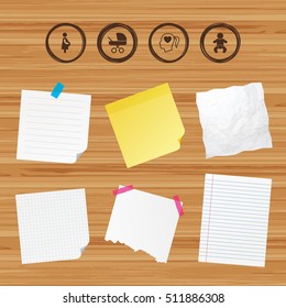 Business paper banners with notes. Maternity icons. Baby infant, pregnancy and buggy signs. Baby carriage pram stroller symbols. Head with heart. Sticky colorful tape. Vector
