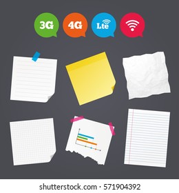 Business paper banners with notes. Mobile telecommunications icons. 3G, 4G and LTE technology symbols. Wi-fi Wireless and Long-Term evolution signs. Sticky colorful tape. Speech bubbles with icons