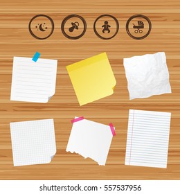 Business paper banners with notes. Moon and stars symbol. Baby infants icon. Buggy and dummy signs. Child pacifier and pram stroller. Sticky colorful tape. Vector