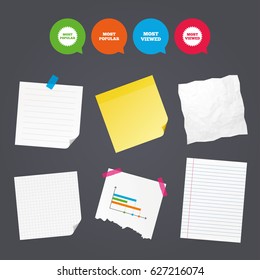 Business paper banners with notes. Most popular star icon. Most viewed symbols. Clients or customers choice signs. Sticky colorful tape. Speech bubbles with icons. Vector