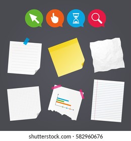 Business paper banners with notes. Mouse cursor and hand pointer icons. Hourglass and magnifier glass navigation sign symbols. Sticky colorful tape. Speech bubbles with icons. Vector