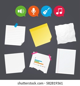 Business paper banners with notes. Musical elements icons. Microphone and Sound speaker symbols. Music note and acoustic guitar signs. Sticky colorful tape. Speech bubbles with icons. Vector