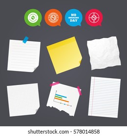 Business paper banners with notes. No smoking day icons. Against cigarettes signs. Quit or stop smoking symbols. Sticky colorful tape. Speech bubbles with icons. Vector