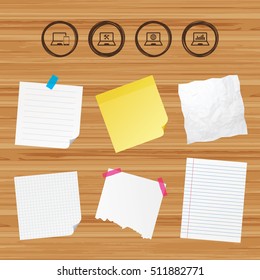 Business paper banners with notes. Notebook laptop pc icons. Internet globe sign. Repair fix service symbol. Monitoring graph chart. Sticky colorful tape. Vector