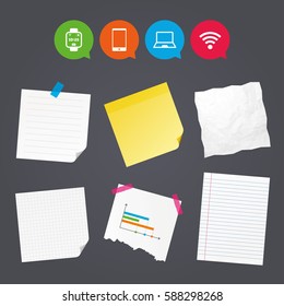 Business paper banners with notes. Notebook and smartphone icons. Smart watch symbol. Wi-fi and battery energy signs. Wireless Network symbol. Mobile devices. Sticky colorful tape. Vector