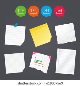 Business paper banners with notes. Notebook laptop pc icons. Internet globe sign. Repair fix service symbol. Monitoring graph chart. Sticky colorful tape. Speech bubbles with icons. Vector