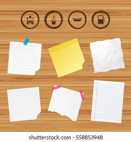 Business paper banners with notes. Petrol or Gas station services icons. Automated car wash signs. Hotdog sandwich and hot coffee cup symbols. Sticky colorful tape. Vector