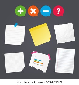 Business paper banners with notes. Plus and minus icons. Delete and question FAQ mark signs. Enlarge zoom symbol. Sticky colorful tape. Speech bubbles with icons. Vector