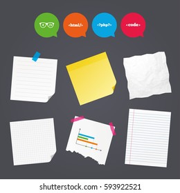 Business paper banners with notes. Programmer coder glasses icon. HTML markup language and PHP programming language sign symbols. Sticky colorful tape. Speech bubbles with icons. Vector