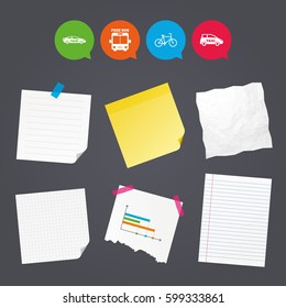 Business paper banners with notes. Public transport icons. Free bus, bicycle and taxi signs. Car transport symbol. Sticky colorful tape. Speech bubbles with icons. Vector