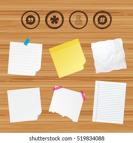 Business paper banners with notes. Quote, asterisk footnote icons. Hashtag social media and ampersand symbols. Programming logical operator AND sign. Speech bubble. Sticky colorful tape. Vector