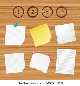 Business paper banners with notes. Return of goods within 7 or 14 days icons. Warranty 2 weeks exchange symbols. Sticky colorful tape. Vector