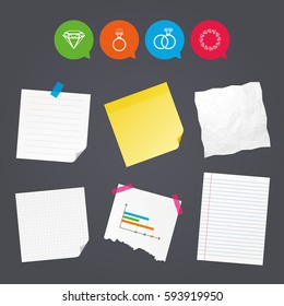 Business paper banners with notes. Rings icons. Jewelry with shine diamond signs. Wedding or engagement symbols. Sticky colorful tape. Speech bubbles with icons. Vector