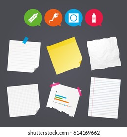 Business paper banners with notes. Safe sex love icons. Condom in package symbol. Sperm sign. Fertilization or insemination. Heart symbol. Sticky colorful tape. Speech bubbles with icons. Vector