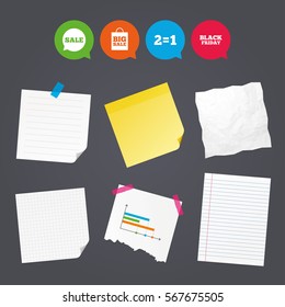 Business paper banners with notes. Sale speech bubble icons. Two equals one. Black friday sign. Big sale shopping bag symbol. Sticky colorful tape. Speech bubbles with icons. Vector