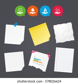 Business paper banners with notes. Smile and hand icon. Water drop and Tick or Check symbol. Palm holds Dollar money bag. Sticky colorful tape. Speech bubbles with icons. Vector