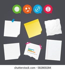Business paper banners with notes. Sport balls icons. Volleyball, Basketball, Soccer and American football signs. Team sport games. Sticky colorful tape. Speech bubbles with icons. Vector