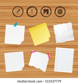 Business paper banners with notes. Textile cloth piece icon. Scissors hairdresser symbol. Needle with thread. Tailor symbol. Canvas for embroidery. Sticky colorful tape. Vector
