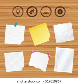 Business paper banners with notes. Usb flash drive icons. Notebook or Laptop pc symbols. CD or DVD sign. Compact disc. Sticky colorful tape. Vector