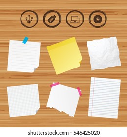 Business paper banners with notes. Usb flash drive icons. Notebook or Laptop pc symbols. Smartphone device. CD or DVD sign. Compact disc. Sticky colorful tape. Vector