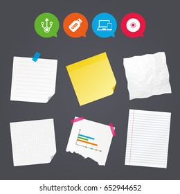 Business paper banners with notes. Usb flash drive icons. Notebook or Laptop pc symbols. Smartphone device. CD or DVD sign. Compact disc. Sticky colorful tape. Speech bubbles with icons. Vector