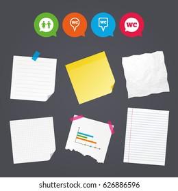 Business paper banners with notes. WC Toilet pointer icons. Gents and ladies room signs. Man and woman speech bubble symbols. Sticky colorful tape. Speech bubbles with icons. Vector