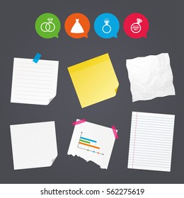 Business paper banners with notes. Wedding dress icon. Bride and groom rings symbol. Wedding or engagement day ring shine with diamond sign. Will you marry me? Sticky colorful tape. Vector