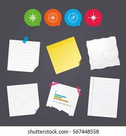 Business paper banners with notes. Windrose navigation icons. Compass symbols. Coordinate system sign. Sticky colorful tape. Speech bubbles with icons. Vector