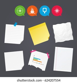 Business paper banners with notes. Windrose navigation compass icons. Shipping delivery sign. Location map pointer symbol. Sticky colorful tape. Speech bubbles with icons. Vector
