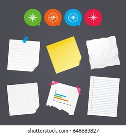 Business paper banners with notes. Windrose navigation icons. Compass symbols. Coordinate system sign. Sticky colorful tape. Speech bubbles with icons. Vector