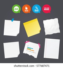 Business paper banners with notes. You are here icons. Info speech bubble symbol. Map pointer with your location sign. Hand cursor. Sticky colorful tape. Speech bubbles with icons. Vector