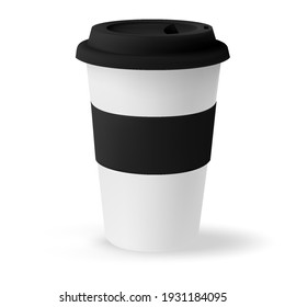 Business paper cup for hot coffee mockup with black lid isolated on white background. White blank, large, medium and small Takeaway paper.