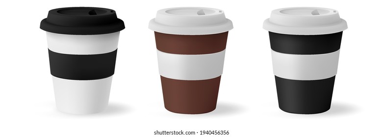 Business paper cup for hot coffee mockup with black lid isolated on white background. White blank, large, medium and small Takeaway paper.