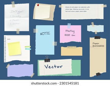 Business paper notes, stickers, sticky sheets and tapes, vector post memo on board. Business memo notes and notepad notice for office meeting, page sheet on adhesive tape or message on thumbtack pin