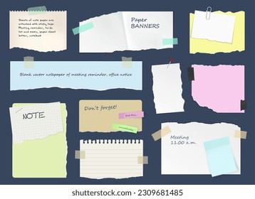 Business paper notes, stickers, sticky sheets and tape. Schedule ripped paper piece, To Do list notebook page or sticker, diary or scrapbook sticky 3d vector sheets with colorful duck tape and pin