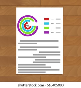 Business paper sheet document. Financial color graph data, vector illustration