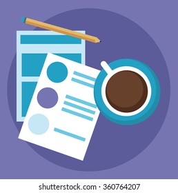 Business papers, cup and pencil simple vector illustration