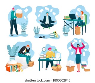 Business papers in office, piles of documents, reports on workplace, paperwork set of vector illustrations. Businessman with huge pile of paper work. Overloaded workers and bureaucracy.