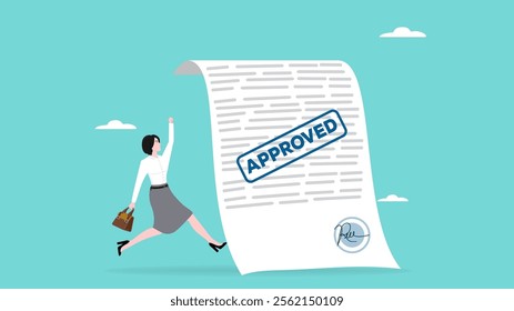 business paperwork approval, Paper Document with Approved Seal Stamp, happy businesswoman with document approve illustration suitable to describe about request accept or legal certified document