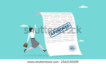business paperwork approval, Paper Document with Approved Seal Stamp, happy businesswoman with document approve illustration suitable to describe about request accept or legal certified document
