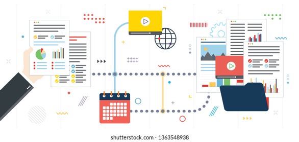 Business paperwork organization, data file, video and photo. Hands with data sheets in analysis. Contract agreement signature. Flat design for web banner in vector illustration.
