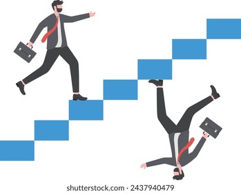 Business paradox, growth, improvement or different perspective or other side, fake or real, possible and impossible concept, ambitious businessman walk up stair while in paradox he walking down.

