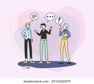 Business parnerts talking to each other vector illustration. Men chatting with dialog bubbles and gestures. Communication, conversation, partnership concept for banner or web design
