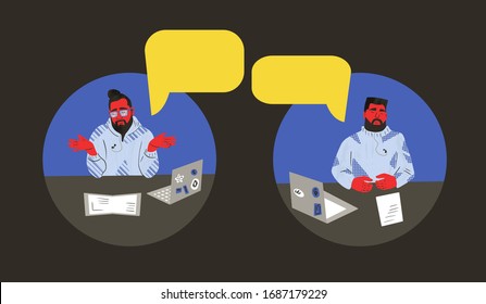 Business parthes participate in online meeting at home. Men sitting in their rooms and talking about job tasks with coworkers. Male persons have a distant business meeting in quarantine. Vector flat