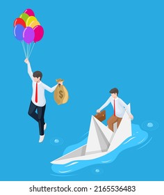 Business partner or boss escape from sinking paper boat vector. Entrepreneur with money bag leaving colleague illustration